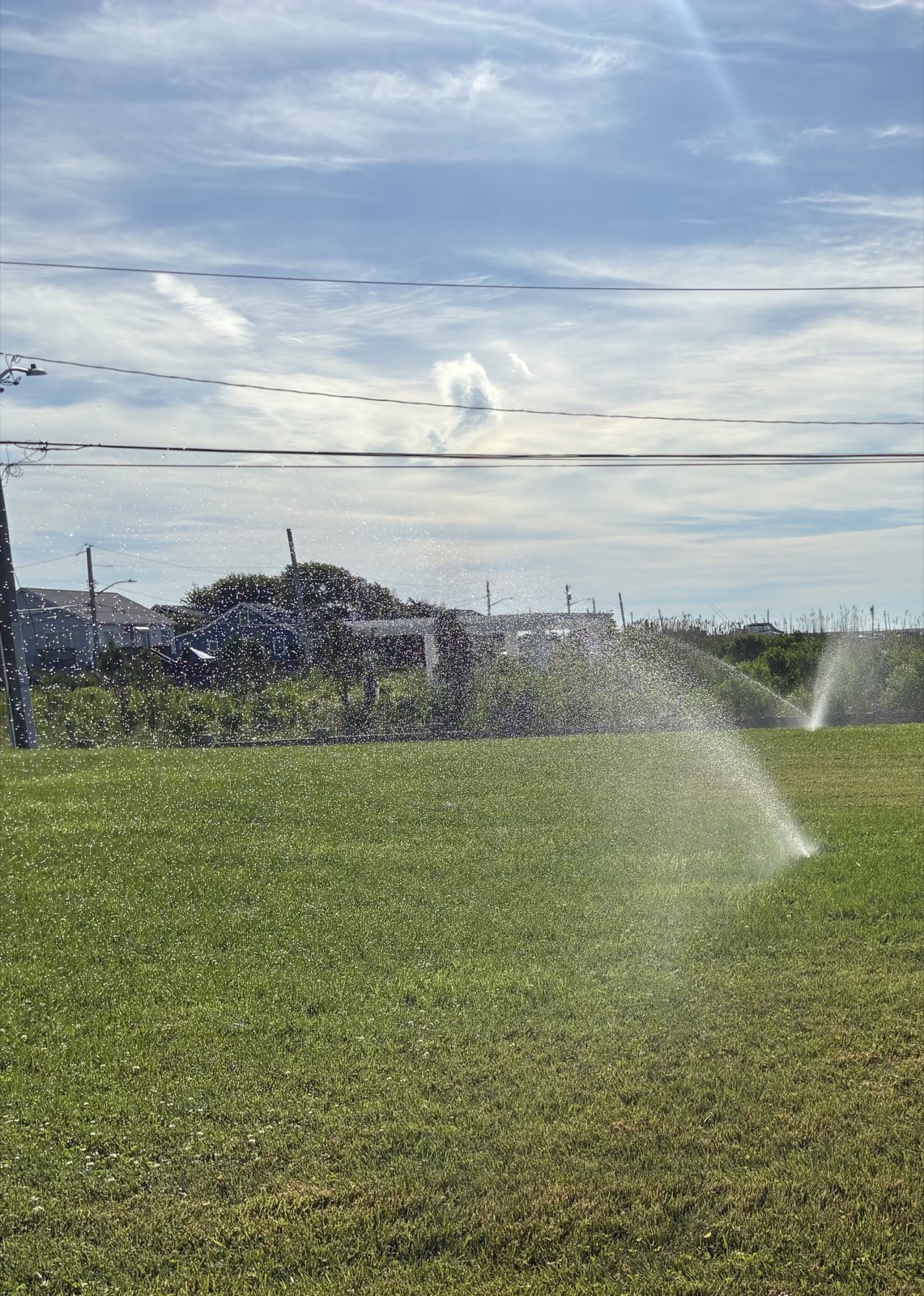 SAL Irrigation sprinkler system running across a healthy green Long Island lawn